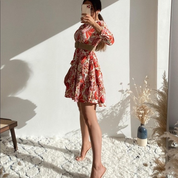 New Zara Mini Floral Dress S Red Pink - Picture 10 of 15